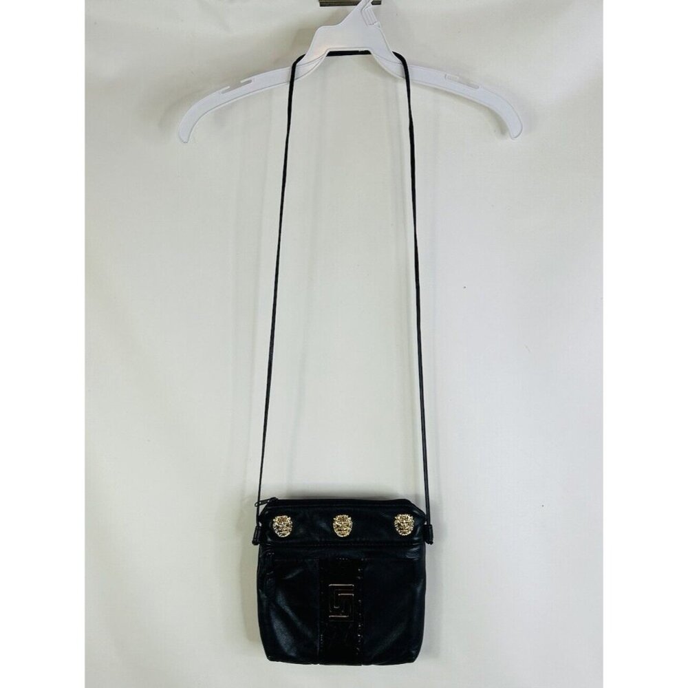Vintage Y2K Cache Black Leather Brass Lion Heads Cross Body Bag Purse